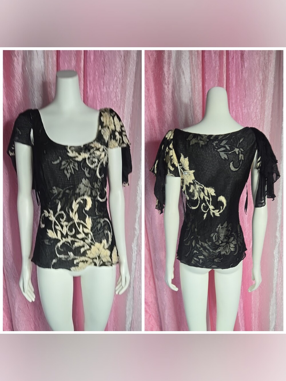 Demetrios Y2K Black Silk Whimsigoth Beaded Floral Dark Romance Blouse Size 12